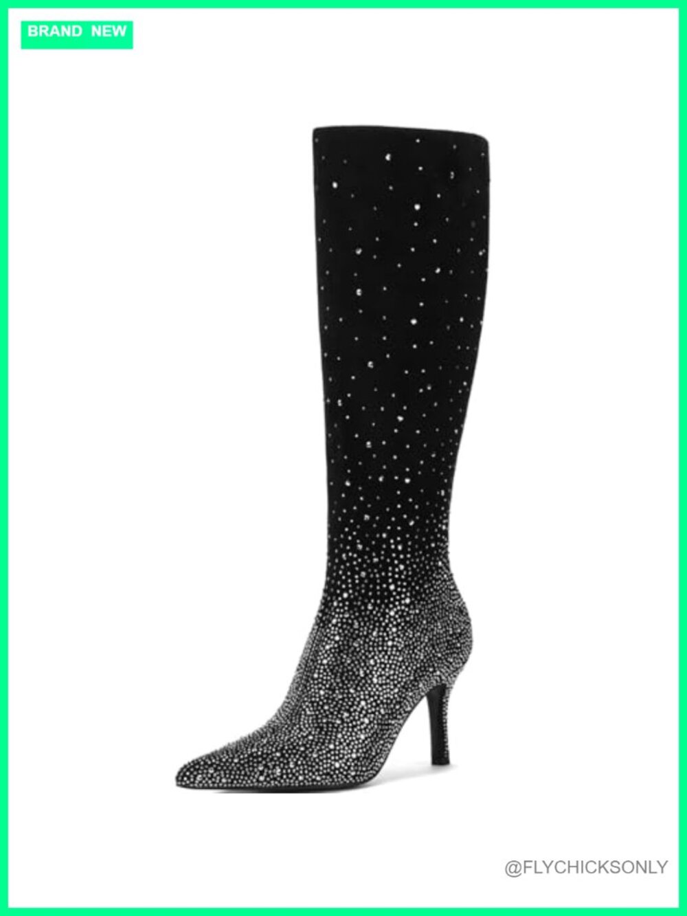 Rhinestone Knee High Boots Pointed Toe Stiletto Heel Side Zip Women's